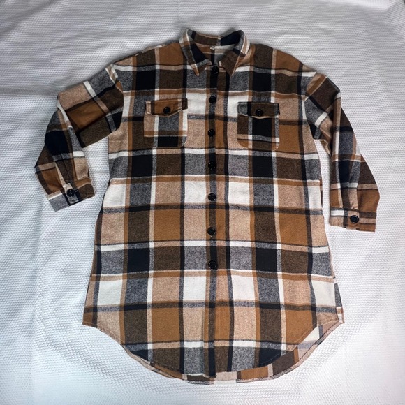 Tops - Womens Long Plaid Flannel Oversized Shirt Jacket Sz 18W Brown Black Long Sleeve